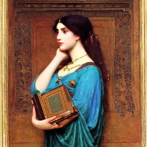 Prompt: orientalist portrait of a princess holding an iridescent ancient book intricate portrait by john william waterhouse and Edwin Longsden Long and Theodore Ralli and Henryk Siemiradzki, very coherent symmetrical artwork. Cinematic, hyper realism, high detail 8k