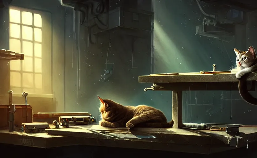 Prompt: a cat sleeping on a mechanics workbench, space opera and dystopian style, d & d, fantasy concept art, global illumination, interesting composition, volumetric lighting, art by enki bilial, highly detailed