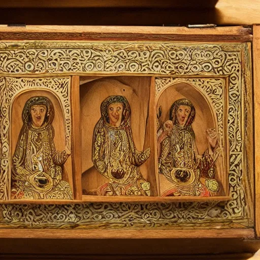 Image similar to Amazed 3 sisters of the congregation open the intricate wooden box, golden light shines on their faces while they open the lid, highly detailed