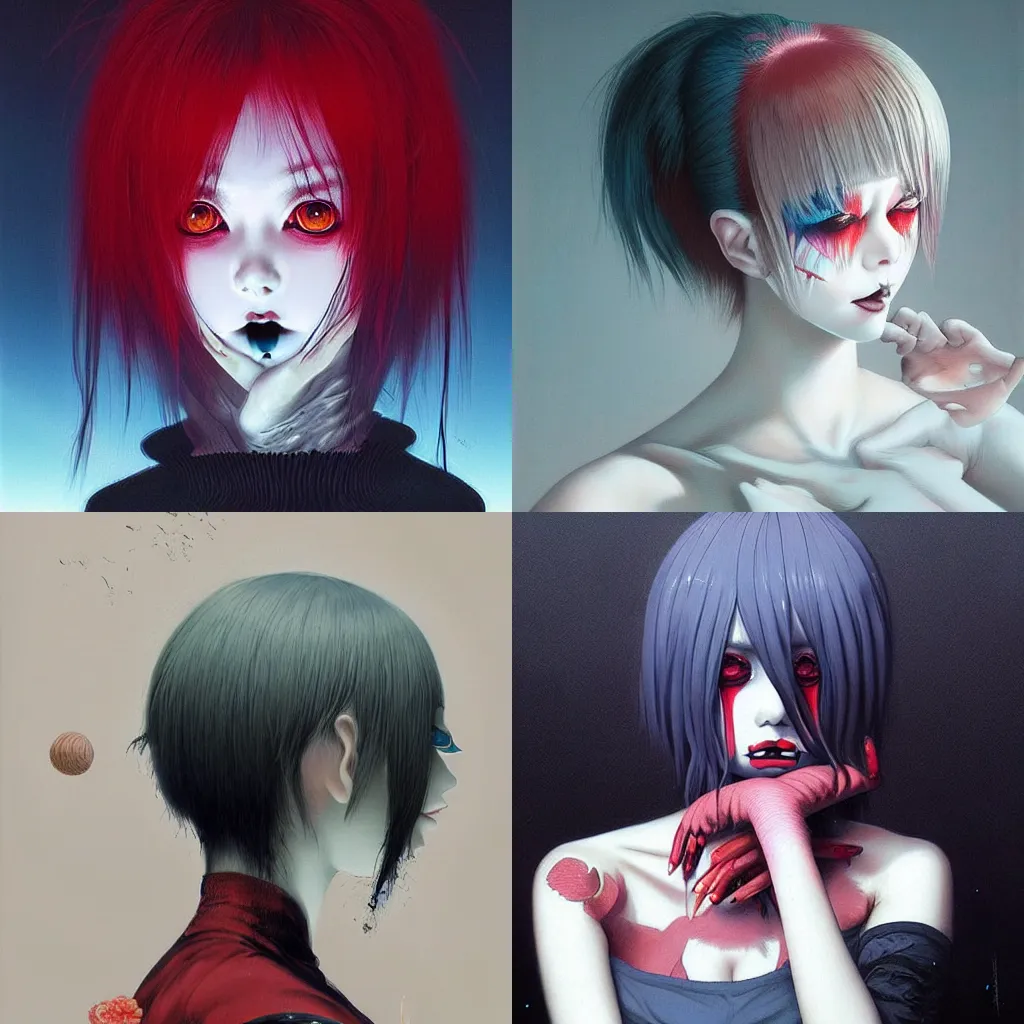 Prompt: beautiful! coherent! detailed! expert! and aesthetic professional portrait art of an anime goth clowngirl, painted by ilya kuvshinov!!! and zdzislaw beksinski