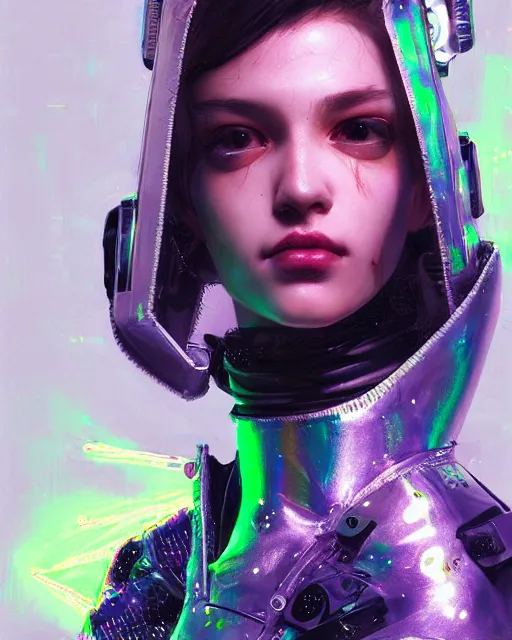 Prompt: detailed portrait Young Gangster Girl cyberpunk futuristic (neon) corporate styled hair Reflective holographic puffy cybernetic coat, decorated traditional ornaments by Hajime Sorayama ismail inceoglu dragan bibin hans thoma greg rutkowski Alexandros Pyromallis Nekro illustrated Perfect face, fine details, realistic shaded, fine-face, pretty face