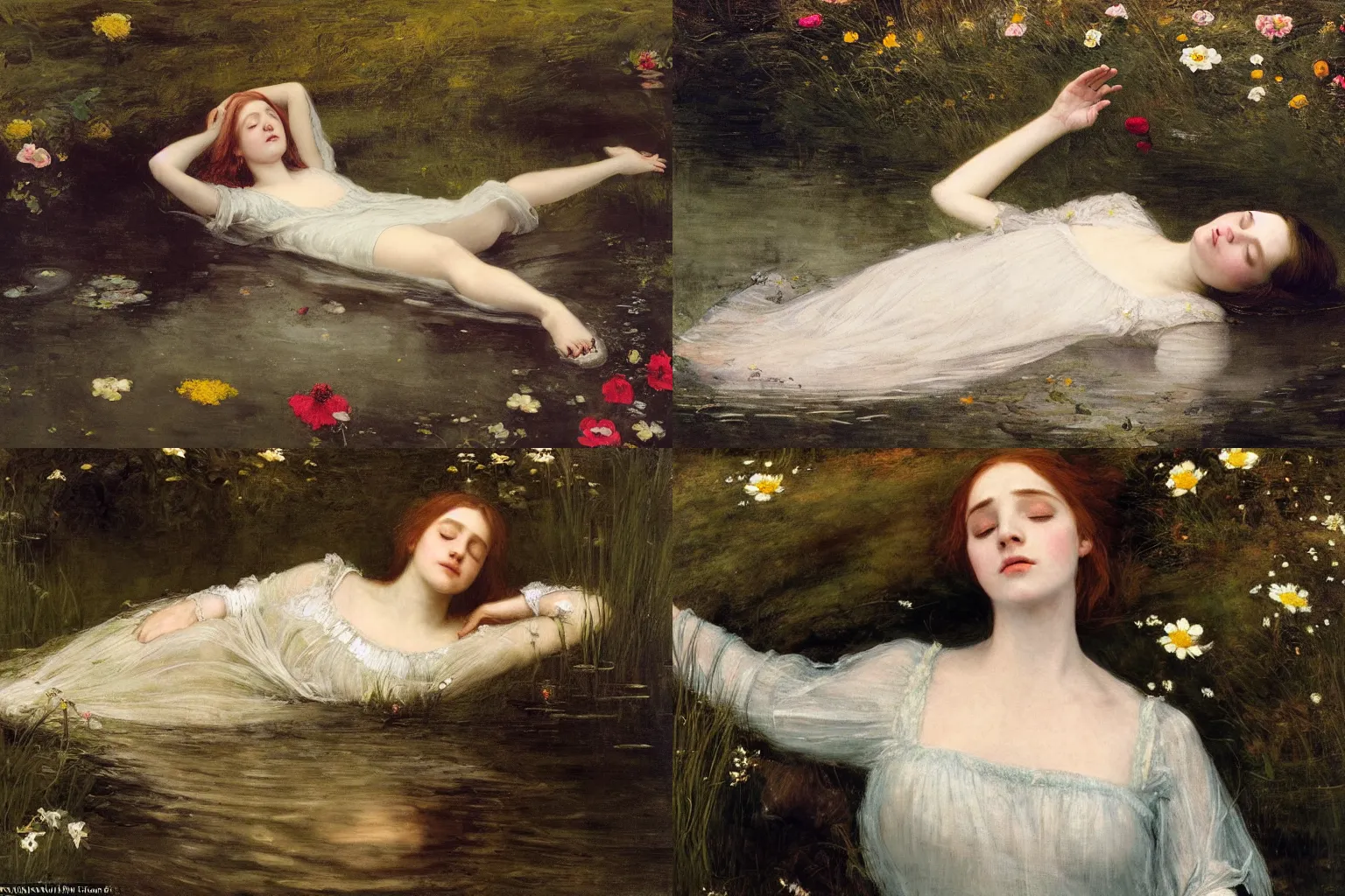 Prompt: a beautiful portrait of a young ophelia, floating drowned, lying immersed in the dark waters of a river, with closed eyes, surrounded by high green grass and many fine flowers, wearing a nicely crafted antique dress, by sir john everett millais, realistic, hyperdetailed, ethereal, sad, masterpiece, oil painting, above side view