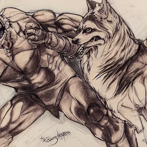 Prompt: a humanoid german shepherd beast - man wrestling with another german shepherd in the middle of an arena, pencil art, added detail, high definiton, colored, aerial viewyoji shinkawa