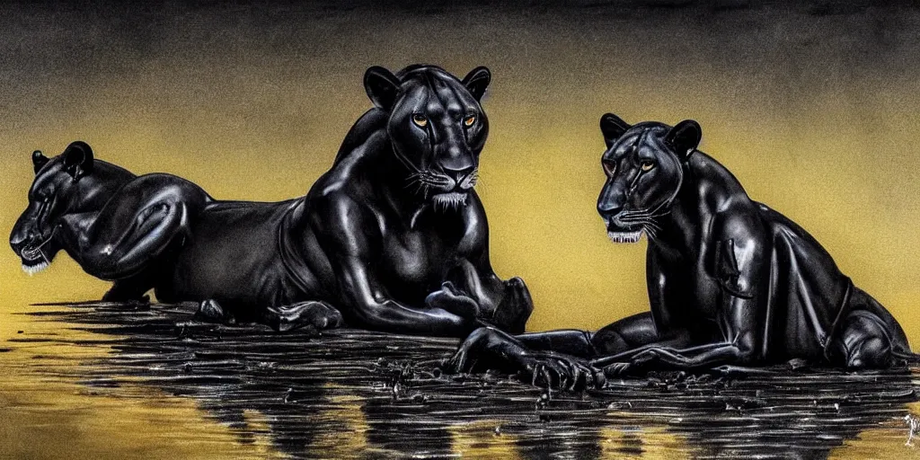 Image similar to a black lioness, made of smooth black goo, bathing inside the lake of black goo, viscous, sticky, full of tar, covered with black goo. painting, concept art, realism, animal drawing, color, savanna, wildlife photography, black goo