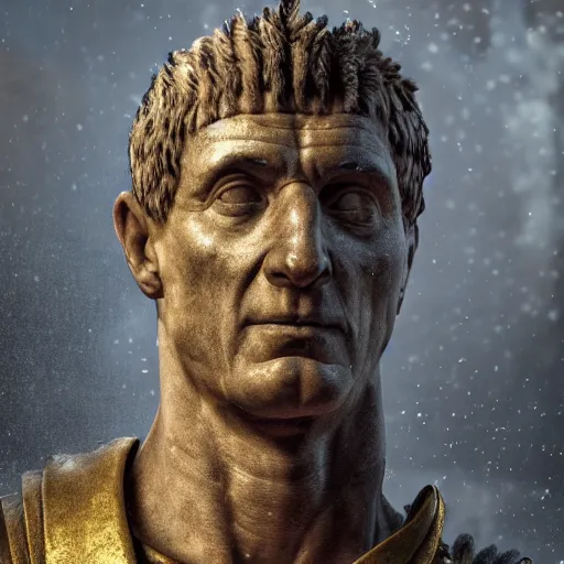 Image similar to a portrait of julius caesar, ancient roman setting, dynamic pose, close - up, intricate details, intricately detailed clothing, intricate textures, warm lighting, vivid colors, smoke and mist, realistic octane render, hyper realistic render, volumetric shading, depth of field, raytracing, 8 k,