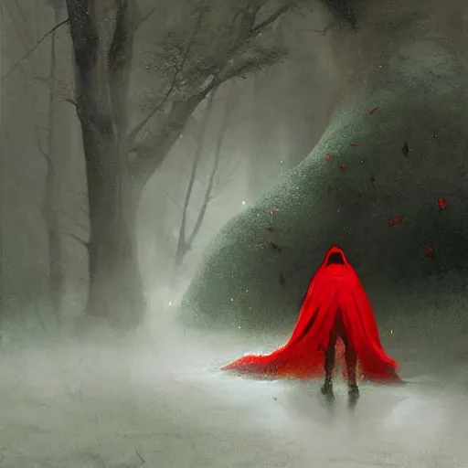 Image similar to ''cinematic shot'' red hooded mage ( spectre ) with leaves falling simetrical 8 k atmosferic realistic, green cape, holding a bell, made by ivan aivazovsky, peter mohrbacher, greg rutkowski volumetric light effect broad light oil painting painting fantasy art style sci - fi art style realism premium prints available artwork unreal engine