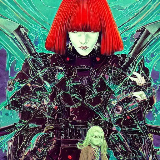 Image similar to portrait of crazy sia kate isobelle furler samurai and vampire, symmetrical, by yoichi hatakenaka, masamune shirow, josan gonzales and dan mumford, ayami kojima, takato yamamoto, barclay shaw, karol bak, yukito kishiro