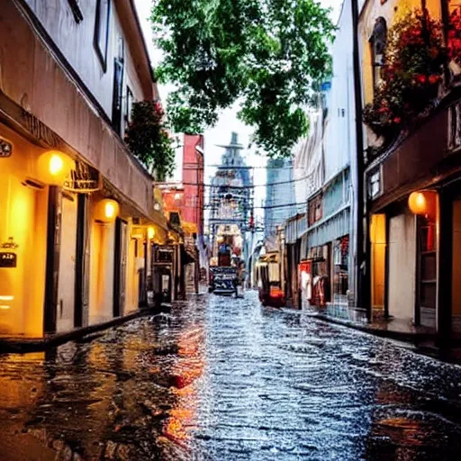 Prompt: stunning ridiculous absurd cozy view into the rainy street in front of the inn