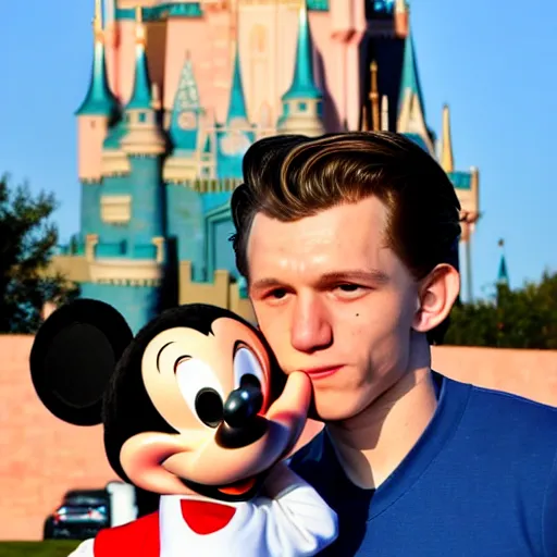 Image similar to Tom holland kissing the top of Walt Disney’s head