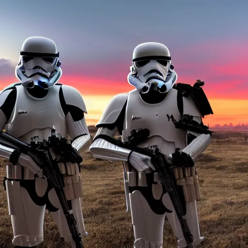 Prompt: A realistic photo with a mixture of Stormtrooper and american soldier, hyper-realistic, 8K HDR, sunset