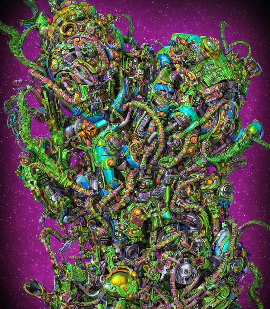 Image similar to hyper-maximalist lowbrow style overdetailed 3d sculpture of a monster by clogtwo and ben ridgway inspired by beastwreckstuff chris dyer and jimbo phillips. Cosmic horror infused retrofuturist style. Hyperdetailed high resolution. Render by binx.ly in discodiffusion. Dreamlike surreal polished render by machine.delusions. Sharp focus.