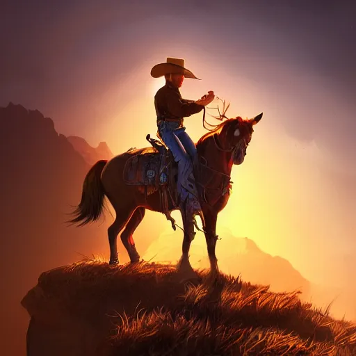 Image similar to cowboy on a hill, colorful, dramatic lighting, detailed, intricate, elegant, highly detailed, digital painting, artstation, concept art, smooth, sharp focus, illustration