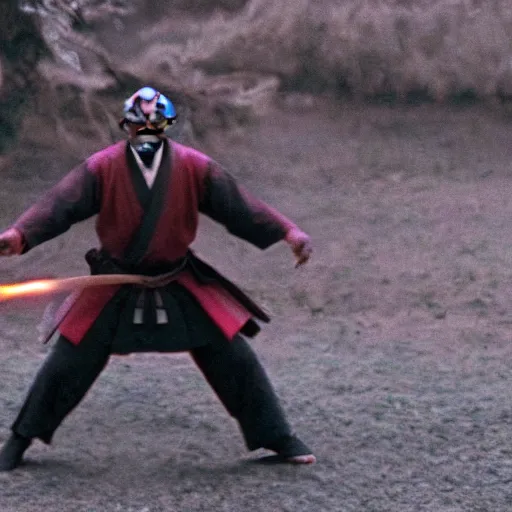 Image similar to cinematic film still of Morgan Freeman starring as a Samurai holding fire, Japanese CGI, VFX, 2022, 40mm lens, shallow depth of field, film photography