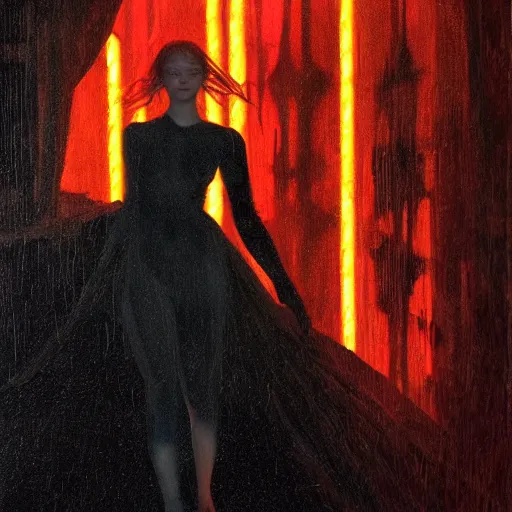 Prompt: silhouette of Elle Fanning in the world of Dante’s Inferno, stormy weather, extremely detailed masterpiece, oil on canvas, low-key neon lighting, artstation, Blade Runner 2049, Roger Deakin’s cinematography, by J. C. Leyendecker and Peter Paul Rubens,