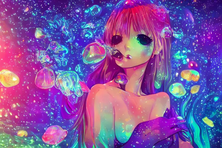 Image similar to psychedelic, full body, whimsical, anime, 4k, beautiful intimate woman blowing smoke, with professional makeup, long trippy hair that is floating in the water, a crystal and shimmering flower dress, sitting in a reflective pool, surrounded by gems, underneath the stars, rainbow fireflies, trending on patreon, deviantart, twitter, artstation, volumetric lighting, heavy contrast, art style of Ross Tran and Viktoria Gavrilenko and Ilya Kuvshinov