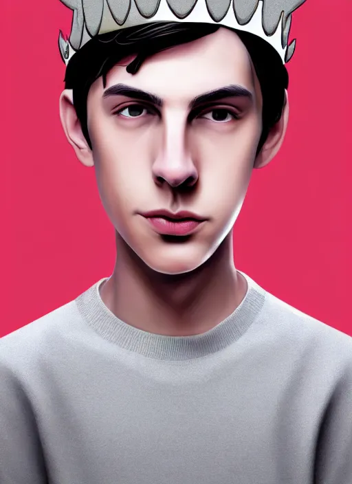 Image similar to portrait of teenage jughead jones wearing a light grey crown, symmetrical crown, sweater with letter s on it, hamburger, eyes closed, crown, black hair, intricate, elegant, glowing lights, highly detailed, digital painting, artstation, concept art, smooth, sharp focus, illustration, art by wlop, mars ravelo and greg rutkowski