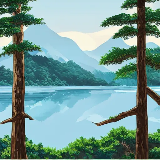 Prompt: high detail sharp anime gouache background , forest panorama with lake bychun li