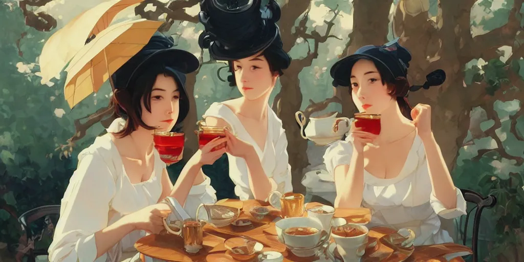 Image similar to attractive female drinking tea, in the style of studio ghibli, j. c. leyendecker, greg rutkowski, artgerm