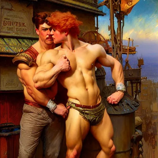 Image similar to attractive muscular mike with ginger hair and muscular attractive ty with brunet hair, drinking their hearts out, boys night out. highly detailed painting by gaston bussiere, craig mullins, j. c. leyendecker, alphonse mucha 8 k