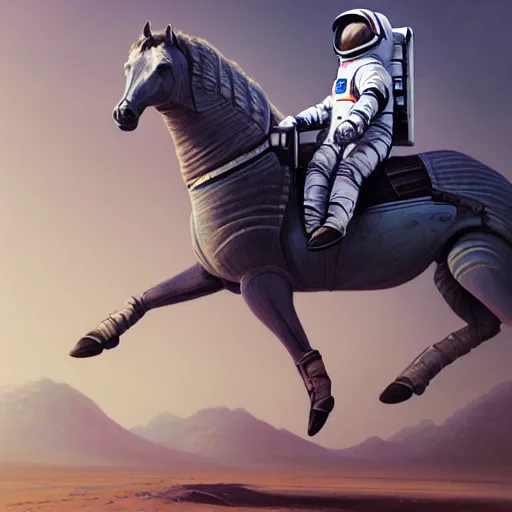 Image similar to a anthropomorphic horse - astronaut riding a human, hyperrealism, no blur, 4 k resolution, ultra detailed, style of ron cobb, adolf hiremy - hirschl, syd mead, ismail inceoglu, rene margitte