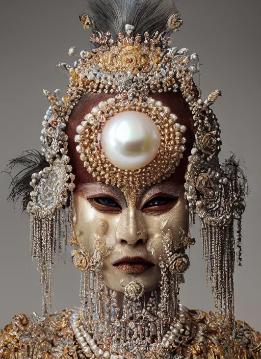 Image similar to hyperrealism, detailed textures, award winning autochrome photo, symetrical japanese pearl, beautiful dreaming voodoo pearl queen, autochrome pearl portrait, pearl silverplate, intricate, detailed facial pearl scary animal mask, pearl, golden jewelery, silverplate, ultra realistic, cinematic, intricate, cinematic light by steve mccurry, unreal engine 8 k