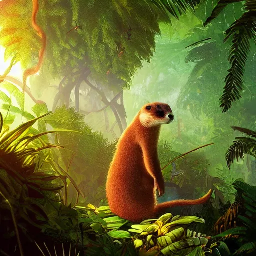 Prompt: a weasel in a jungle!, mist, tropical trees, vines, birds, sunset!, fluffy clouds, warm colors, beautiful lighting, digital art, intricate details, trending on artstation