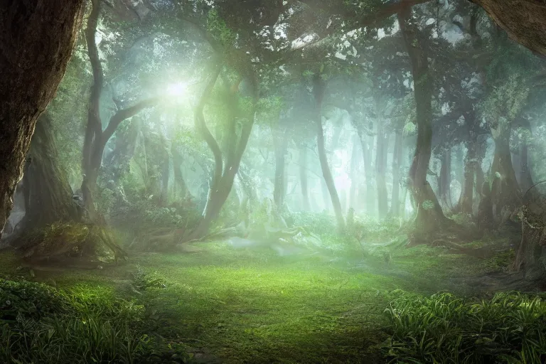 Image similar to A beautiful enchanted forest. There is a cosmic portal. Cinematic lighting. Photorealism.