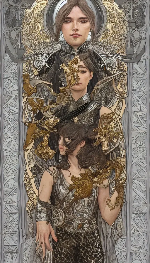 Image similar to soldiers in silver armor, highly detailed, very intricate, art nouveau, gold filigree, left right symmetry, tarot concept art watercolor illustration by mandy jurgens and alphonse mucha and alena aenami, featured on artstation