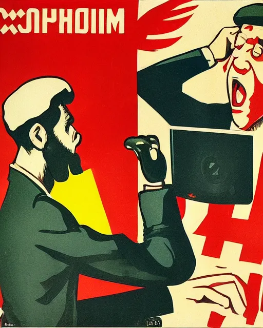 Image similar to soviet propaganda poster of an angry communist developer yelling at his computer