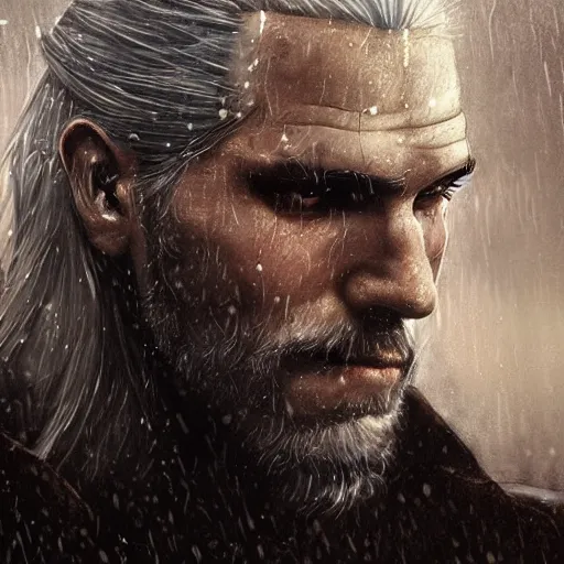 Image similar to geralt of rivia with long beard and intense eyes, scarred, wet, raining, close up, rim lighting, portrait, sinister atmospheric lighting. highly detailed painting by greg rutkowski, anime style