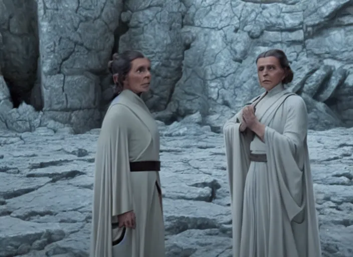 Prompt: Leia using the force at Jedi Temple scene from the last jedi, 2022, film by Stanley Kubrick, serene, iconic scene, stunning cinematography, hyper detailed, sharp, anamorphic lenses, kodak color film, 4k