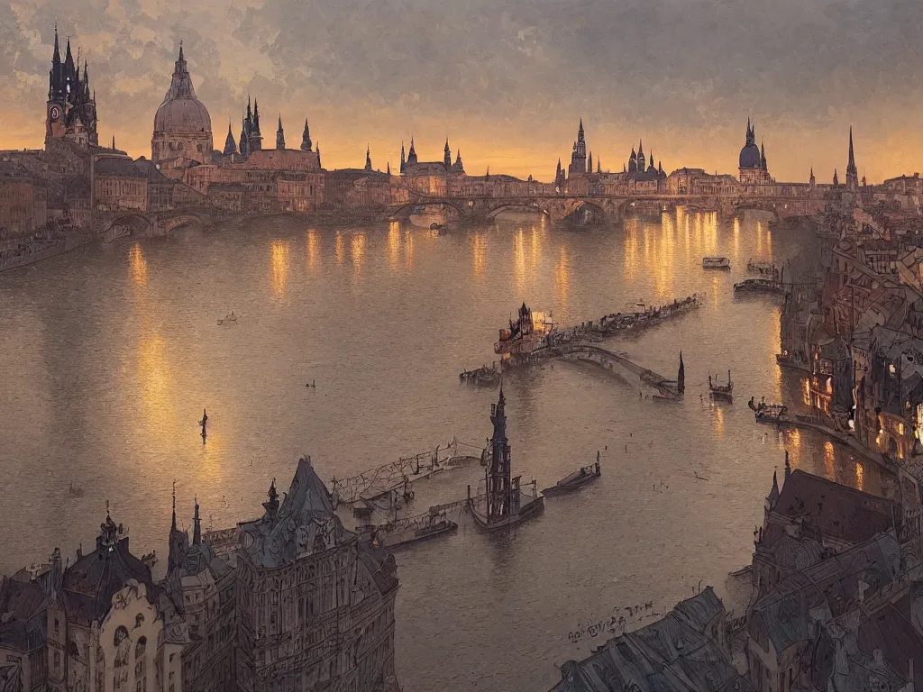 Image similar to a view from the river of a city resembling prague, paris, and venice at dusk, intricate, elegant, highly detailed, digital painting, artstation, concept art, smooth, sharp focus, colored illustration for tattoo, art by krenz cushart and artem demura and alphonse mucha,