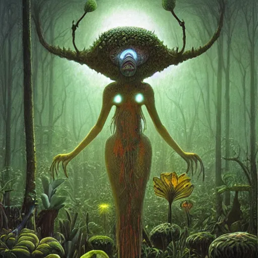 Image similar to a hyperrealistic painting of a beautiful alien princess in the middle of an alien jungle, bioluminescent plants, by john kenn mortensen and zdzislaw beksinski, highly detailed, vivid color,