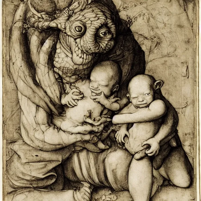 Image similar to a goblin monster mother and a baby, by Hans Holbein the Younger