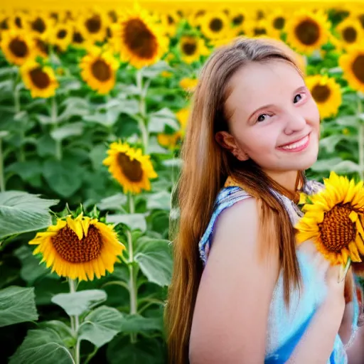 Image similar to Portrait, Photo of a Ukrainian girl Smiling at the camera, Beautiful pretty young, flowers in her dark hair, Scene: Sunflower field, Colors: Yellow sunflowers, blue cloudy sky, In a style of Real-Life Natural Photo