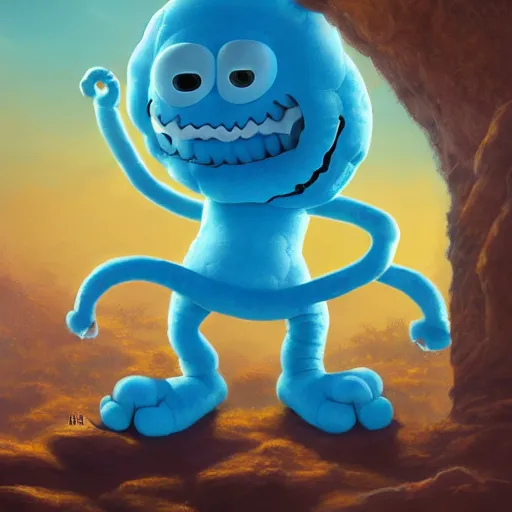 Image similar to portrait of a photorealistic version of mr meeseeks, golden hour, detailed matte painting, cinematic, in the style of Simon Dewey, artstation,