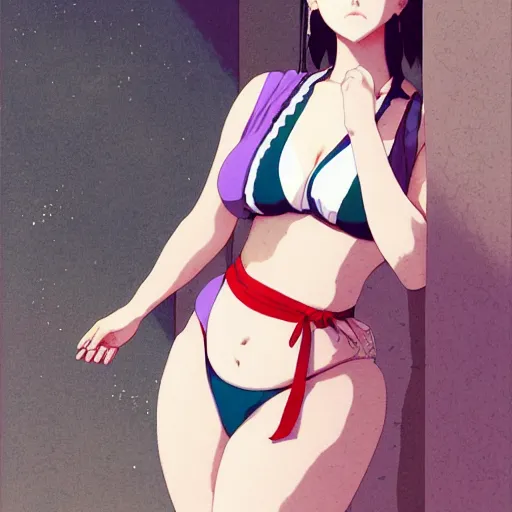 Image similar to a beautiful plus sized model japanese natalie portman, alluring plus sized model, wearing mayan leotard with elegant mayan apron overalls, street fashion hip hop style with mayan patterns, aztec street fashion, gapmoe yandere grimdark, trending on pixiv fanbox, painted by greg rutkowski makoto shinkai takashi takeuchi studio ghibli, akihiko yoshida