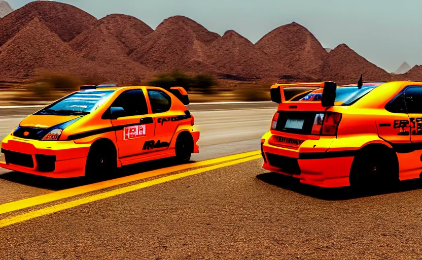 Prompt: photograph of a cell-shaded orange itasha Honda EK9 Type-R, speeding on a desert road with a futuristic city in the horizon, kicking up dirt, action shot, one point perspective, 1-point perspective, sigma 85mm f/1.4, 4k, depth of field, high resolution, 4k, 8k, hd, full color
