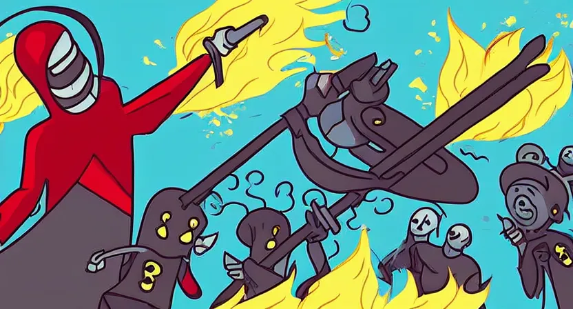 Prompt: happy angel of death taking a group selfie with his scythe, all kinds of calamities, partying fire monsters, exciting ghosts, comic book funny cartoon