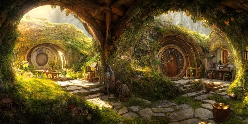 Image similar to Interior of a Hobbit home, golden hour, detailed matte painting, cinematic, Alan Lee, Artstation