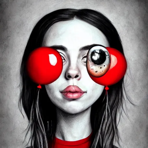 Prompt: surrealism grunge cartoon portrait sketch of billie eilish with a wide smile and a red balloon by - michael karcz, loony toons style, my little pony style, horror theme, detailed, elegant, intricate