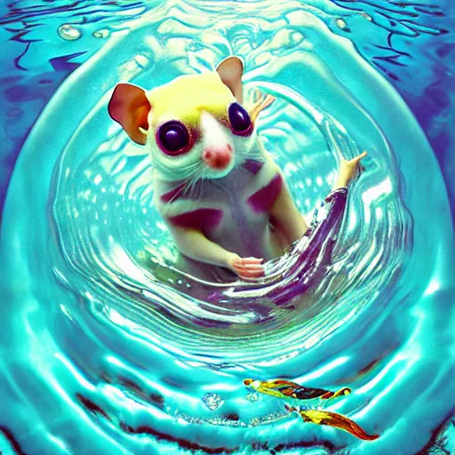 Prompt: #midjourneyart :: sugar glider android character submerged in water, crystal lake:: by Martine Johanna and Simon Stålenhag and Chie Yoshii and Casey Weldon and Guillermo del toro :: ornate, dynamic, particulate, rich colors, intricate, elegant, highly detailed, centered, artstation, smooth, sharp focus, octane render, 3d