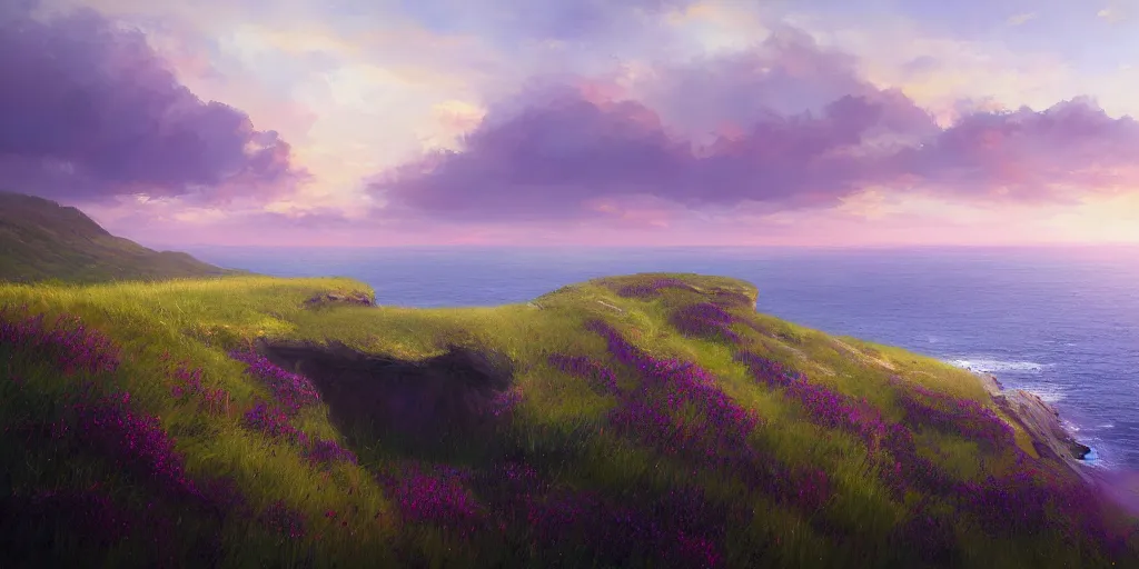 Prompt: Field on the edge of a cliff overlooking the ocean by Jessica Rossier, purple color scheme