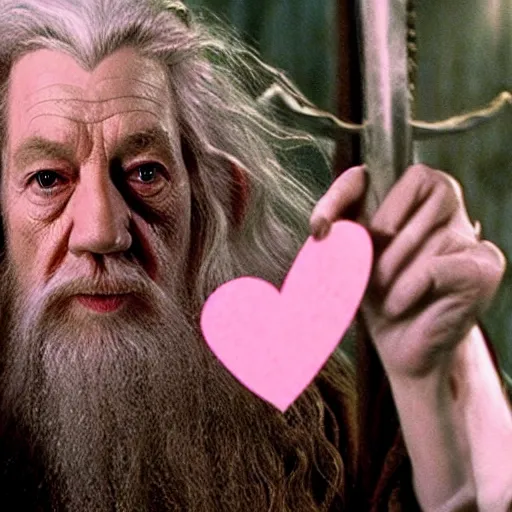 Prompt: portrait of gandalf wearing a large pink hair bow, holding a blank playing card up to the camera, movie still from the lord of the rings