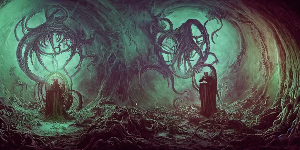 Prompt: photorealistic matte painting photography of circle group of necromancer priest in an invoking ritual in front of a viscosity cthulhu within a lovecraft portal, art by david lachapelle, photography by annie leibovitz, wide - angle portrait, atmospheric lighting, rich deep colors masterpiece, fractal crystals