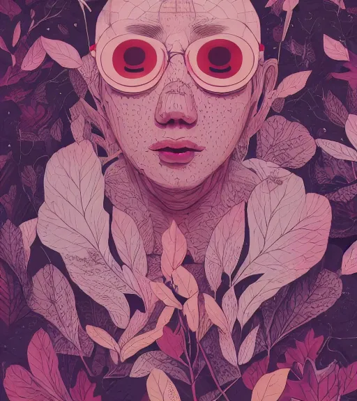 Prompt: portrait, nightmare anomalies, leaves by miyazaki, violet and pink and white palette, illustration, kenneth blom, mental alchemy, james jean, pablo amaringo, naudline pierre, contemporary art, hyper detailed