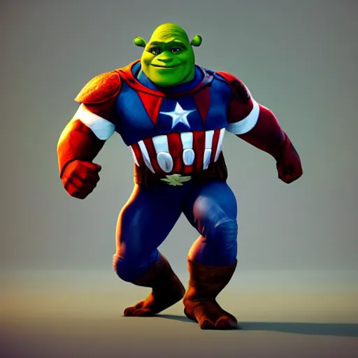 Image similar to digital painting of Shrek as Captain America, octane render, volumetric lightening, by marvel