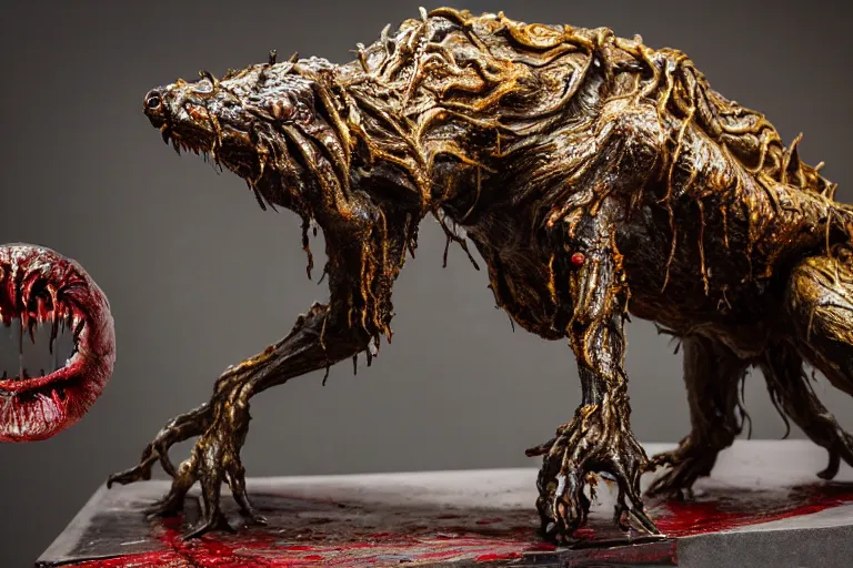 Prompt: photo taken of an epic intricate, ultra detailed, super realistic sculpture of a wet bloodied slimy nightmarish hellish demonic doglike creature on display in a workshop, created by weta workshop, full body shots, photorealistic, sharp focus, f 0. 4, face centred, macro photography, golden ratio,