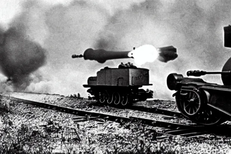 Image similar to WW2 era photograph, the face of Thomas the tank engine attached to a 800mm German super-heavy-mortar with a huge gun barrel shooting, there are german soldiers running around