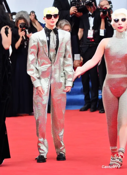 Image similar to timothee chalamet with lady gaga on a red carpet, canon, highly realistic. lady gaga, high resolution. highly detailed 8 k. 4 k.